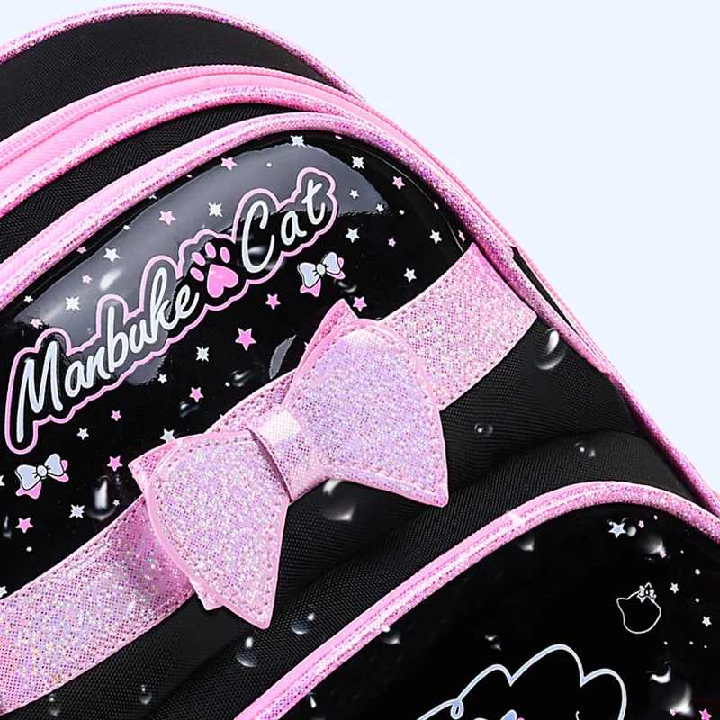 Mochila escolar de PU con lazo negro y rosa para niña, morral ortopédico Kawaii para niños de 6 a 12 años