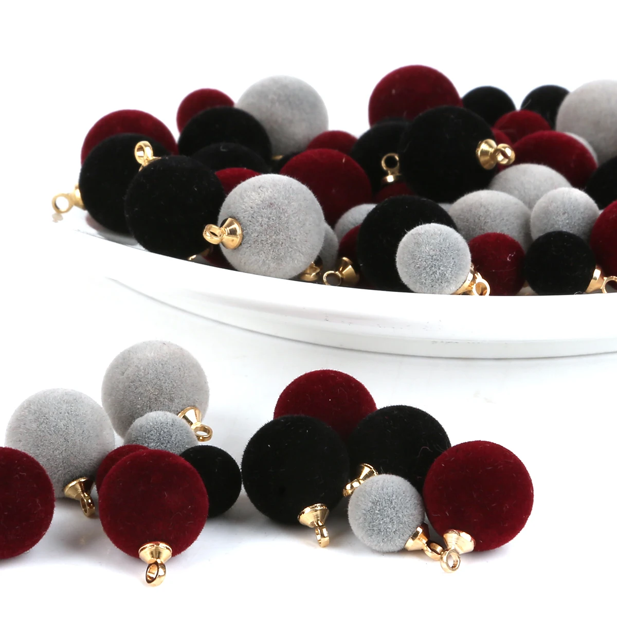 10Pcs/lot New 12mm/8mm Cloth Flocking Circular Pierced Buttons Black/Grey/Burgundy Beads Fit Garment Bags Crafts Decoration