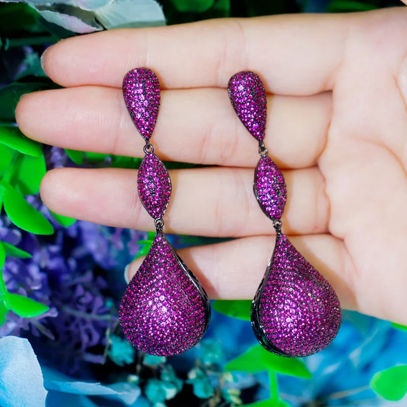 Pera Luxury Big Disco Ball Hot Pink CZ Stone Aesthetic Black Gold Color Long Engagement Party Dangle Earrings for Women E597