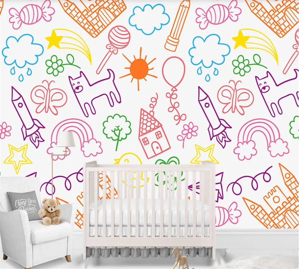 Custom wallpaper simple crayon drawing fairy tale kingdom children's room interior background wall 3D/5D/8D optional