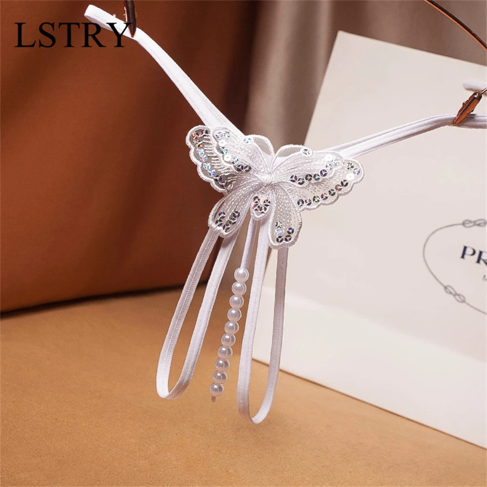2025 New Sequins Embroidery Butterfly Pearl Panties Sexy Lingerie Sex Thong Women's Erotic Open Crotch Underwear Massage Panties image 4