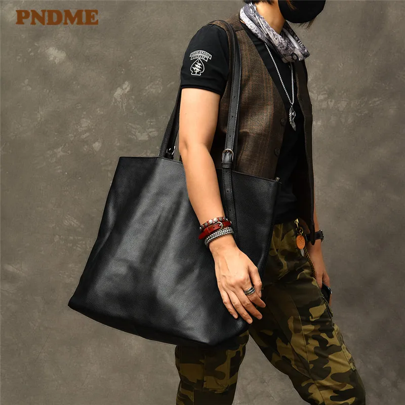 PNDME new genuine leather large capacity men\'s tote bag fashion casual simple high quality soft cowhide black shoulder handbags