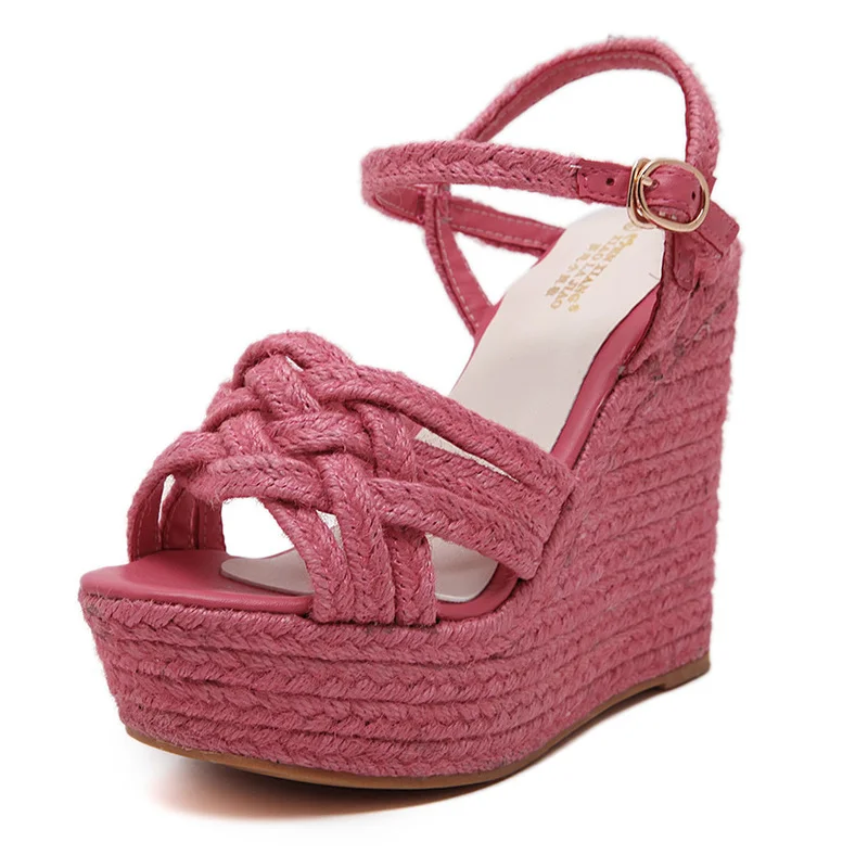 Summer Wedge Sandals Female New Straw Muffin Platform Platform Open Toe Heels Luxury Shoes Women Mujer Ankle Strap Rattan Grass