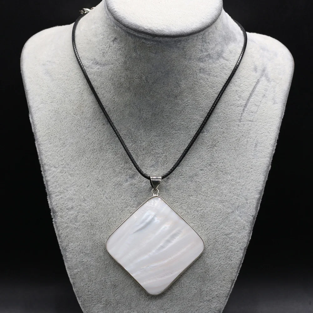 Natural Shell Necklace With Rhombus-Shaped White Pendant Leather Cord 2MM Charms For Elegant Women Love Romantic Gift