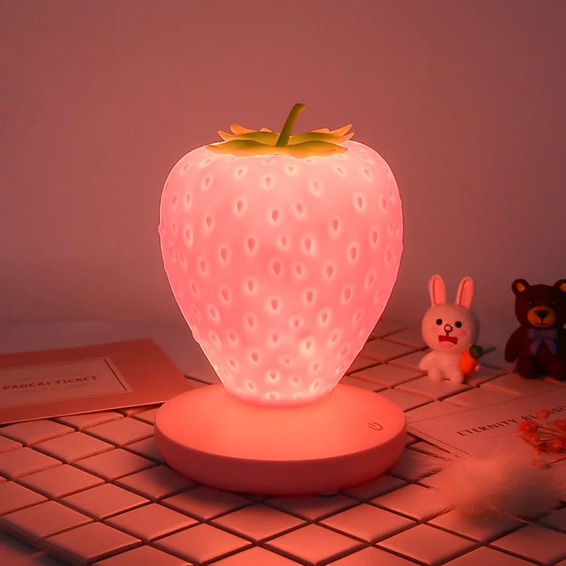 Strawberry Lamp for Bedroom Silicon Touch-Sensor LED USB Rechargeable Dimmable Idyllic Bedside Night Light for House Decoration