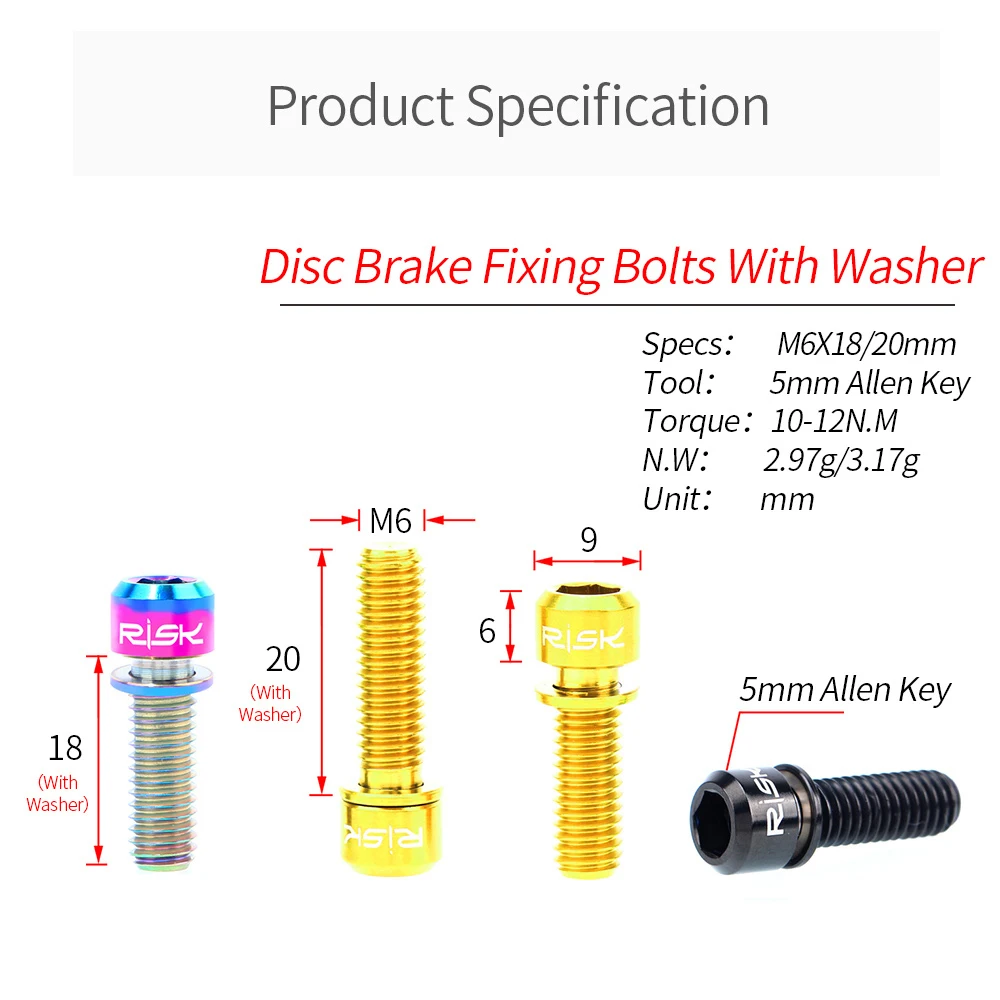 RISK 4Pcs/lot M6x18/20mm Titanium Ti CT4 Bolts Screws for MTB Bicycle Crank Disc Brake Caliper Headset Stem with Adaptor Washer