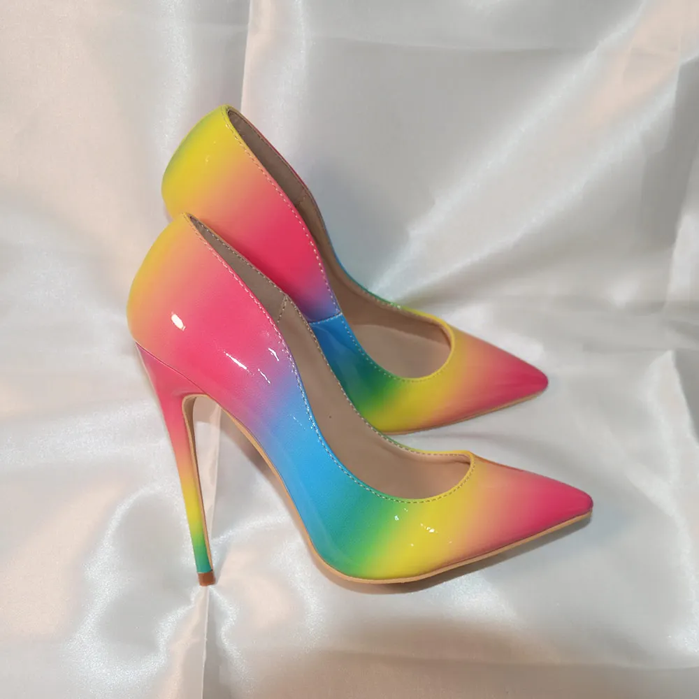 Veowalk Rainbow Colorful Patent Leather Women Sexy Stiletto Extemely High Heels, Ladies Fashion Pointed Toe Pumps Party Shoes