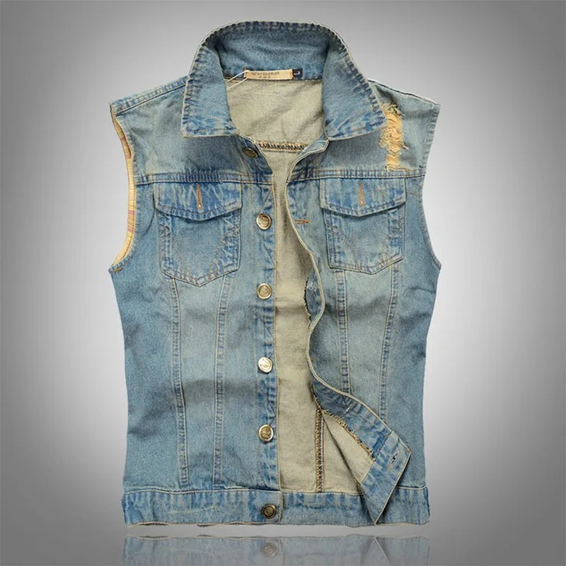 

New 2022 Denim Vest Men Punk Rock Make old holes Cowboy Black Jeans Waistcoat Fashion Men Motorcycle Style Sleeveless Jeans Jack