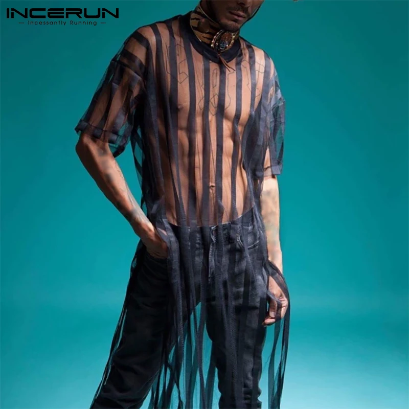 INCERUN 2023 Men Mesh T Shirt Transparent Striped Streetwear Short Sleeve Sexy Long Tops Fashion Party Nightclub T-shirts S-5XL