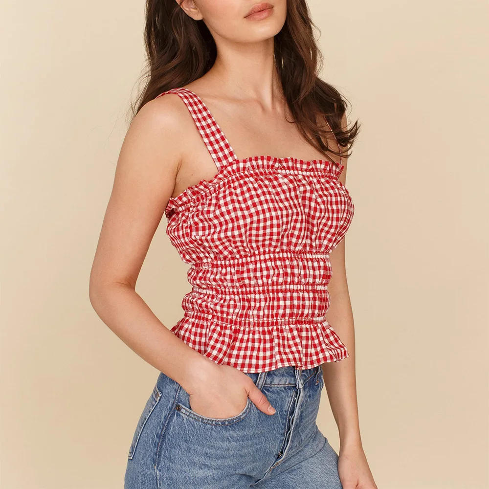 

Crop Top Women Clothing Frill Edge Square Neck Shirred Tiered Plaid Top Peplum Hem Strap Sleeveless Casual Tops For Women Summer