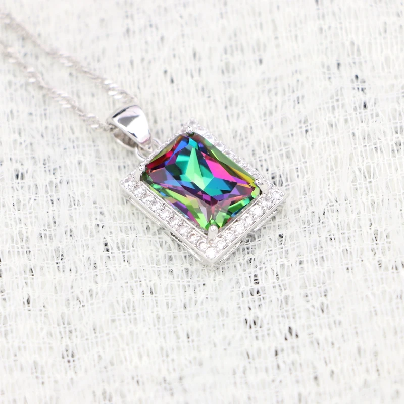 Square 925 Sterling Silver Chain Necklace Mystic Rainbow Zircon White CZ Slide Pendant For Women Wedding/Engagement/Party/Gifts