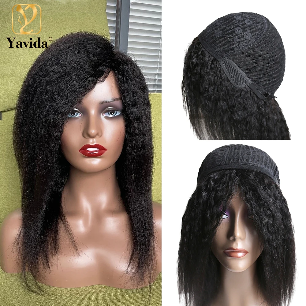 Kinky Straight Human Hair Wigs Yaki Straight Wig Full Machine Wig For Black Women Indian 180% Density Remy Hair Cheap Wigs