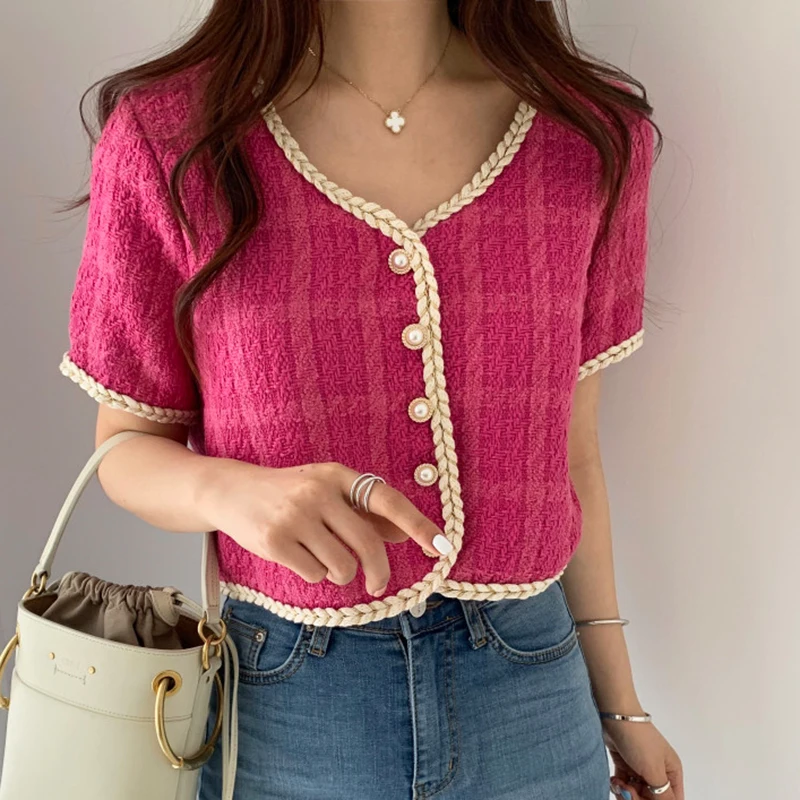 2024 Summer New Elegant Retro Short Korean Plaid Tweed Cardigan Women Fashion Short Sleeved Thin Short Jacket Female Elegant Top