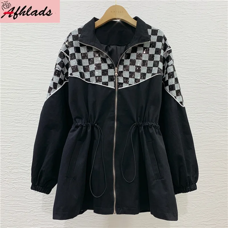 

Autumn And Winter New Loose Casual Stand-Up Collar Stitching Sequined Jacket Long Sleeved Drawstring Plus Size Outerwear