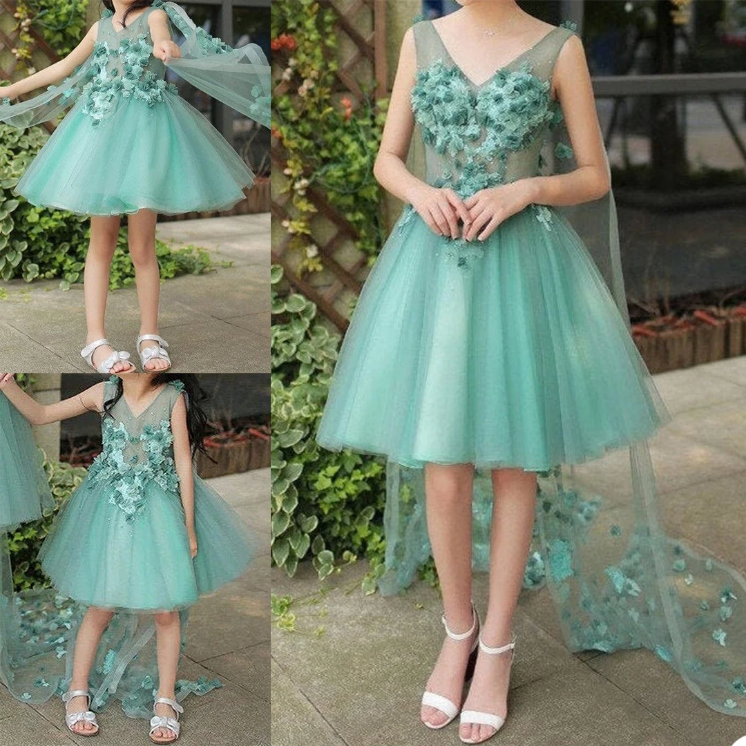 Green A Line Flower Girls Dress V Neck Short Sleeve 3D Floral Appliques Children Birthday Party Costume Mini Dresses