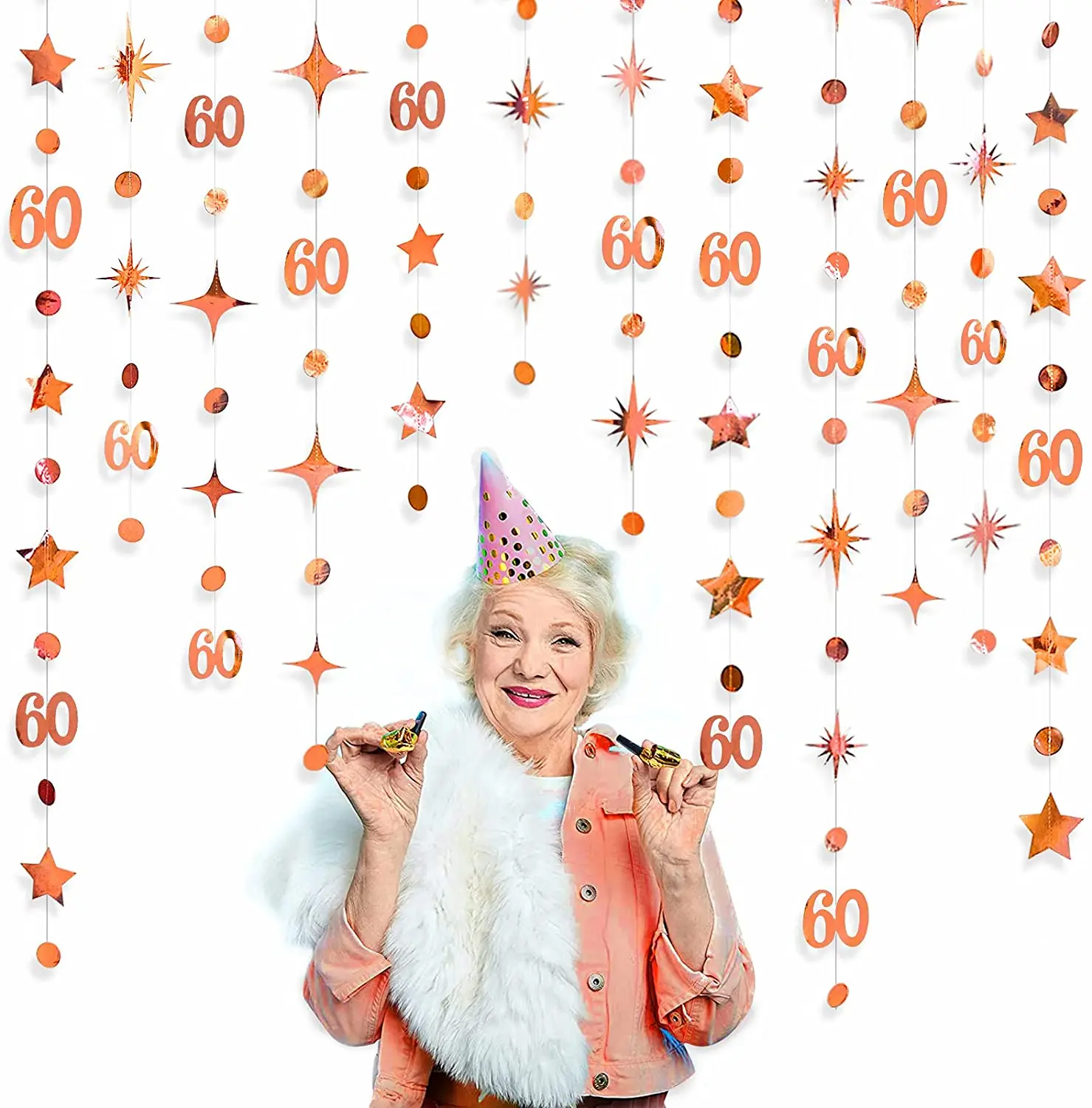 Rose Gold 60th Happy Birthday Banners Decor Number 60 Circle Dot Star Garland Hanging Streamers Anniversary Sixty Party Supplies