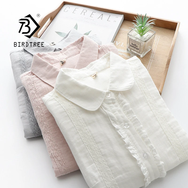 Autumn New Women Embroidery Cotton Lace White Shirt Full Sleeve Turn Down Collar Ruched Casual Blouse Spring Office Lady Tops