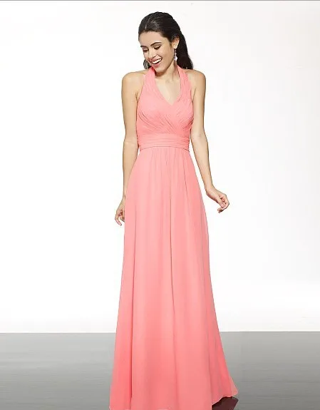 

free shipping vestidos de renda Poly chiffon A-line halter/open back natural waist rouched band floor length bridesmaid dress