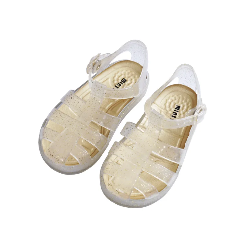 MINI DD Baby sandals 2022 summer new transparent PVC jelly shoes Princess Baotou children\'s Roman beach soft candy shoes DD007