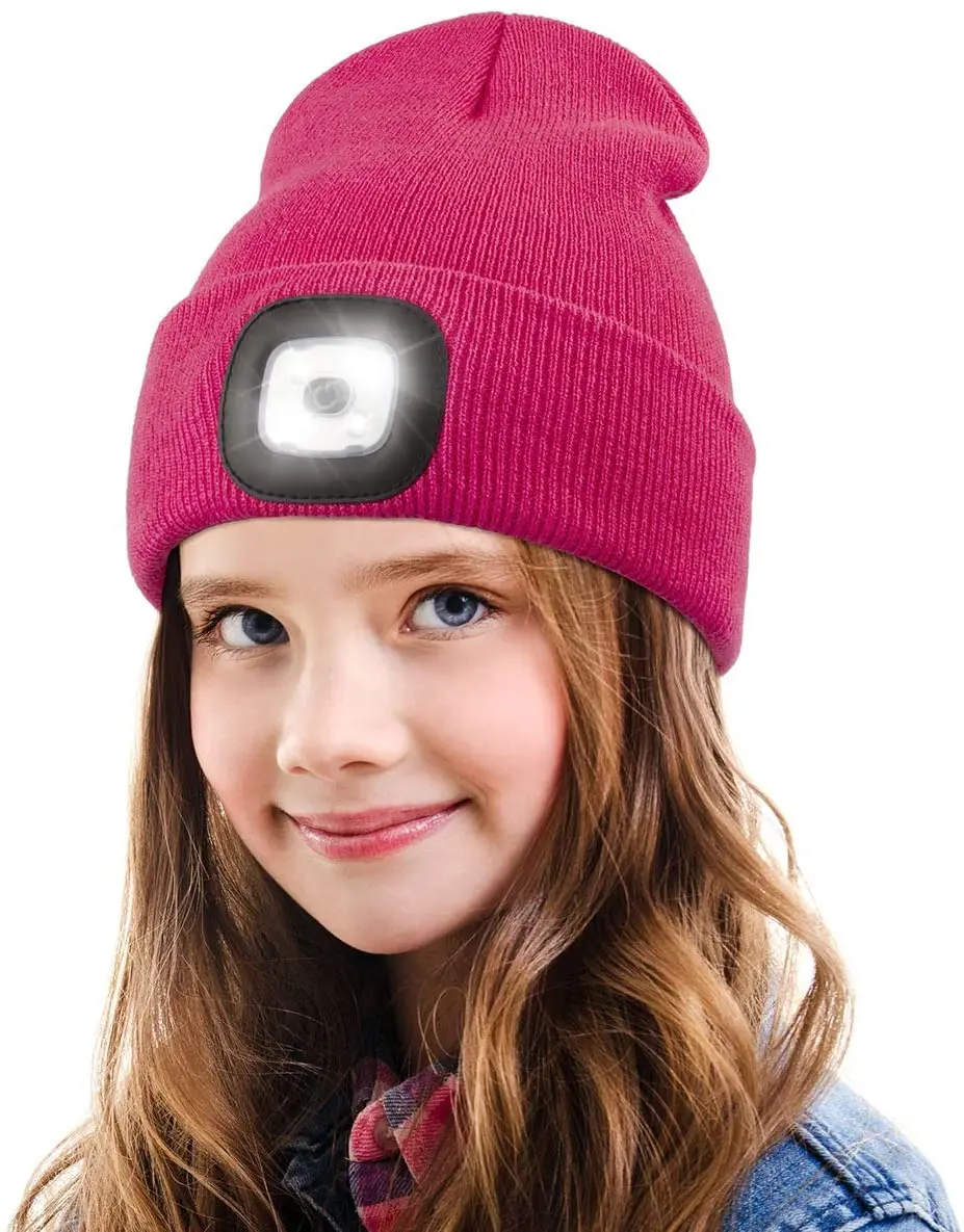 D5 LED Beanie Headlamp Hat with Light for Kids Unisex USB Rechargeable Light Up Hat Adjustable Brightness Cap Winter Flashlight