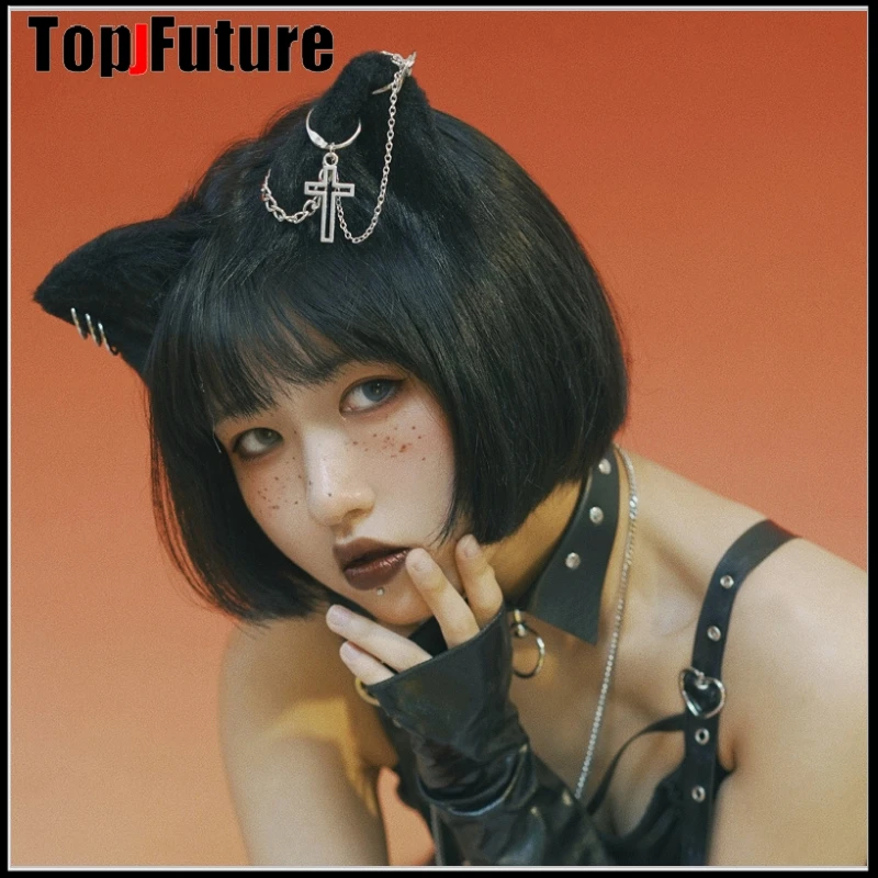 Women girl Gothic lolita cosplay Hand made cat ear hairpin animal ear hairpin dark black earth cool dark hair clip