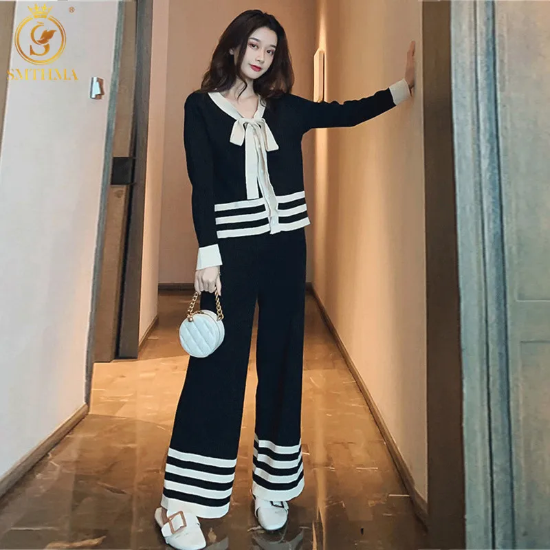 

SMTHMA New Winter Tracksuits Women Elegant Two-Pieces Sets Female Bow Top & High-Waist Straight Wide-Leg Pants Fashion Outfits