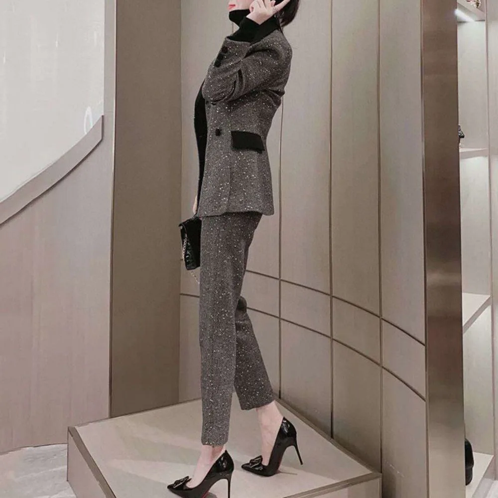 Wool Blend Professional Set Spring Autumn New Suit Jacket Straight Pants Suits Temperament Office Lady Business Suit 2-piece Set