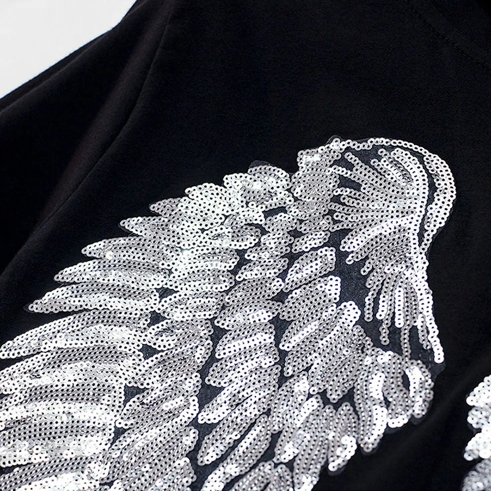 New Fashion Sequin Women Splice T Shirts Casual Angel Wings Man\'s Summer Tops Unisex Embroidery Short Sleeve Sequins T-shirts