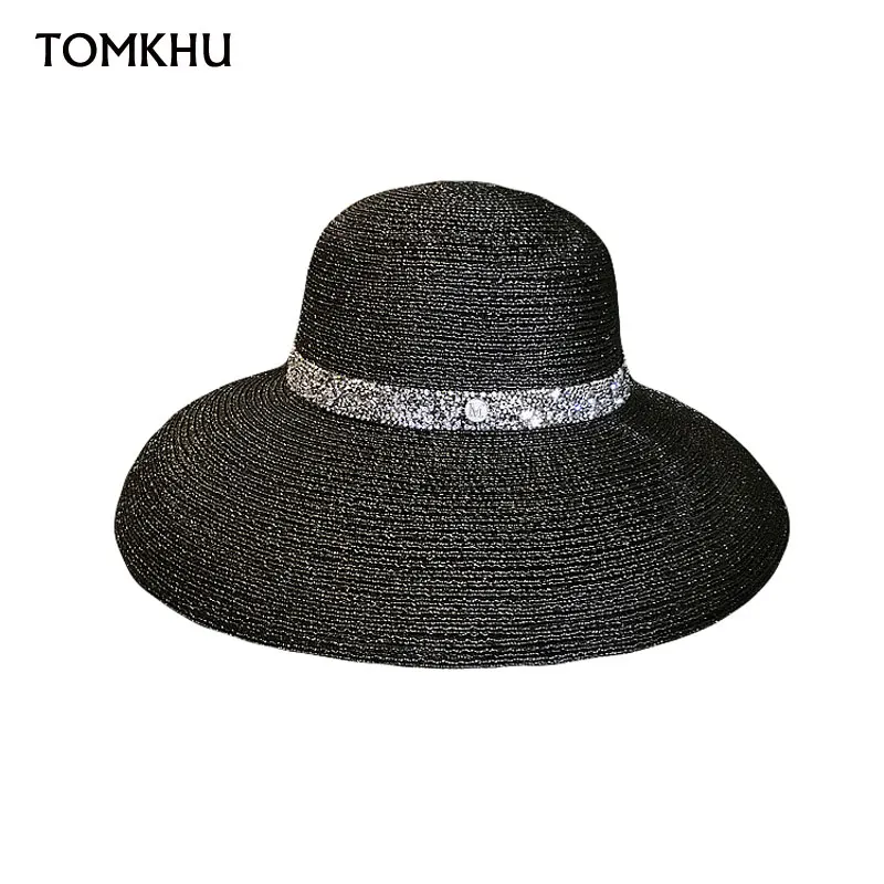 Summer Fashion Transparent Silk Elegant Wide Brim Beach Hat Hepburn Style Rhinestone Belt Sun Hats Female Foldable Anti-UV Sun