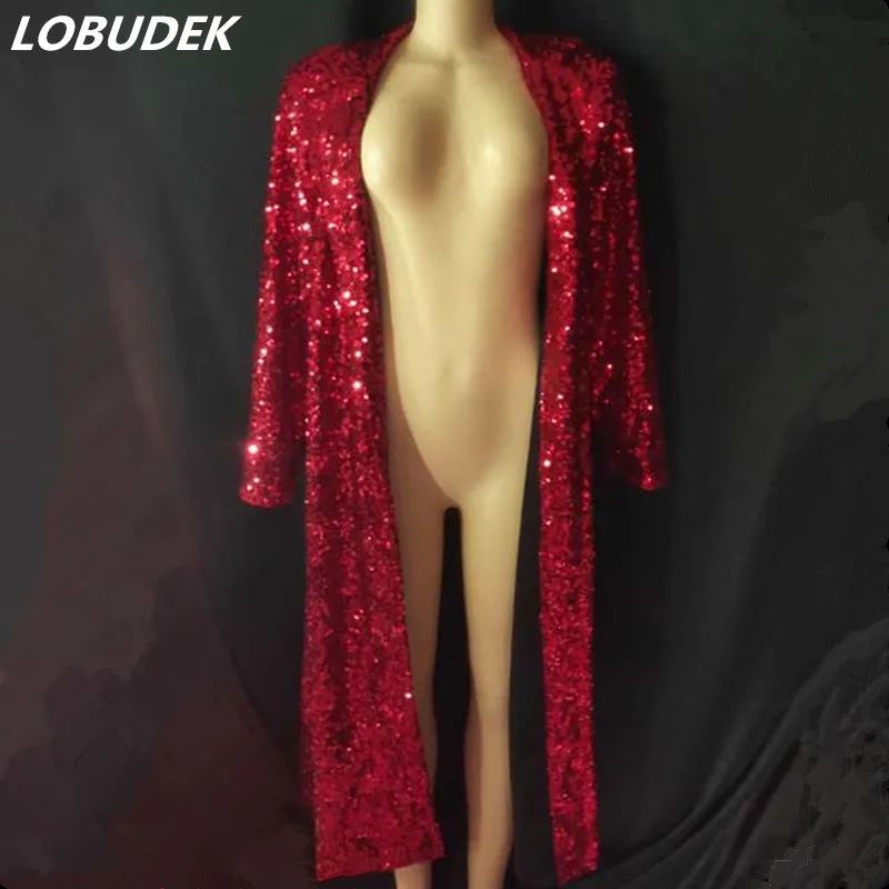 Shiny Red Silver Sequins Long Coat Women Singer Bar Nightclub Concert Stage Overcoat Costume Plus Size Sequined Cloak