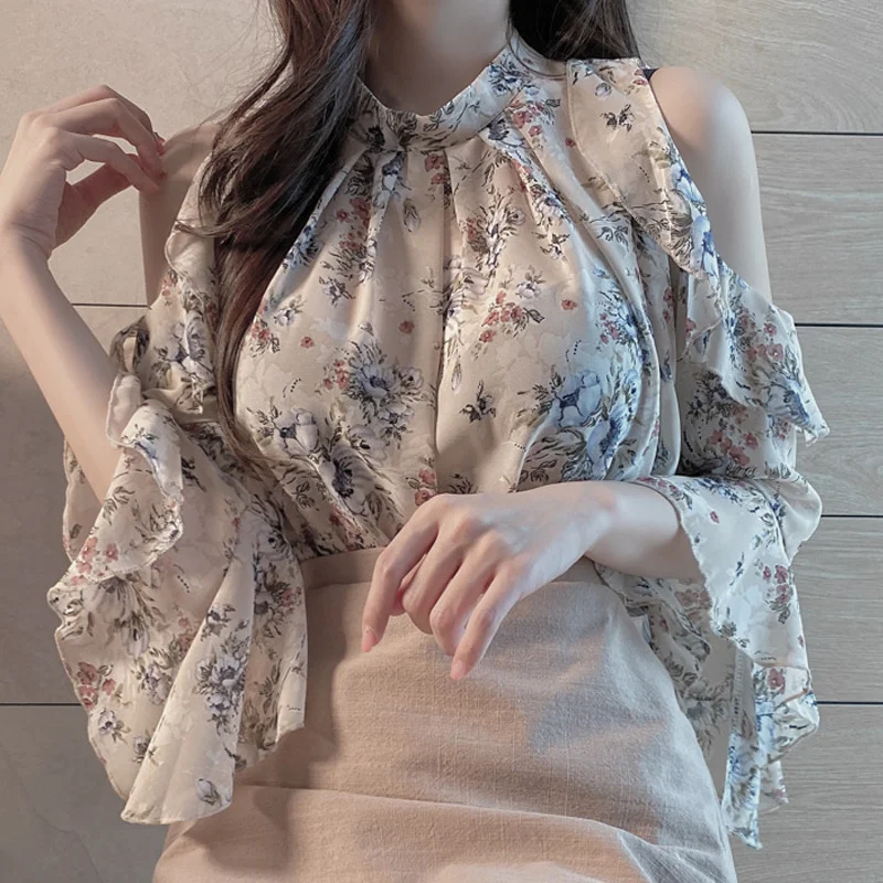 Blusas Mujer De Moda 2023 New Summer off-Shoulder Printed Half Shorts Women Shirt Chiffon Korean Sexy Women Blouse Tops Female