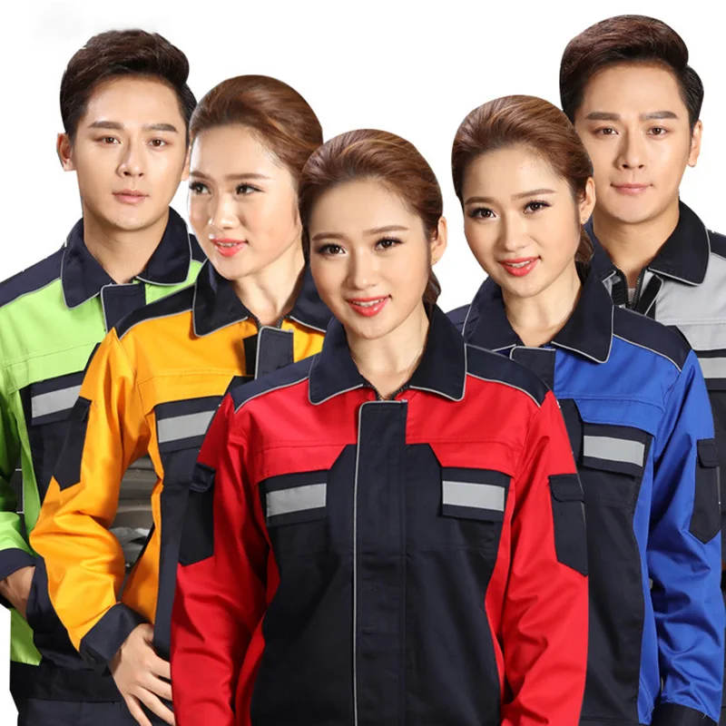Męski i damski zestaw odzieży roboczej odblaskowej na wiosnę i jesień 2020, odporne na zużycie kombinezony, uniformy do warsztatu samochodowego i fabryki.