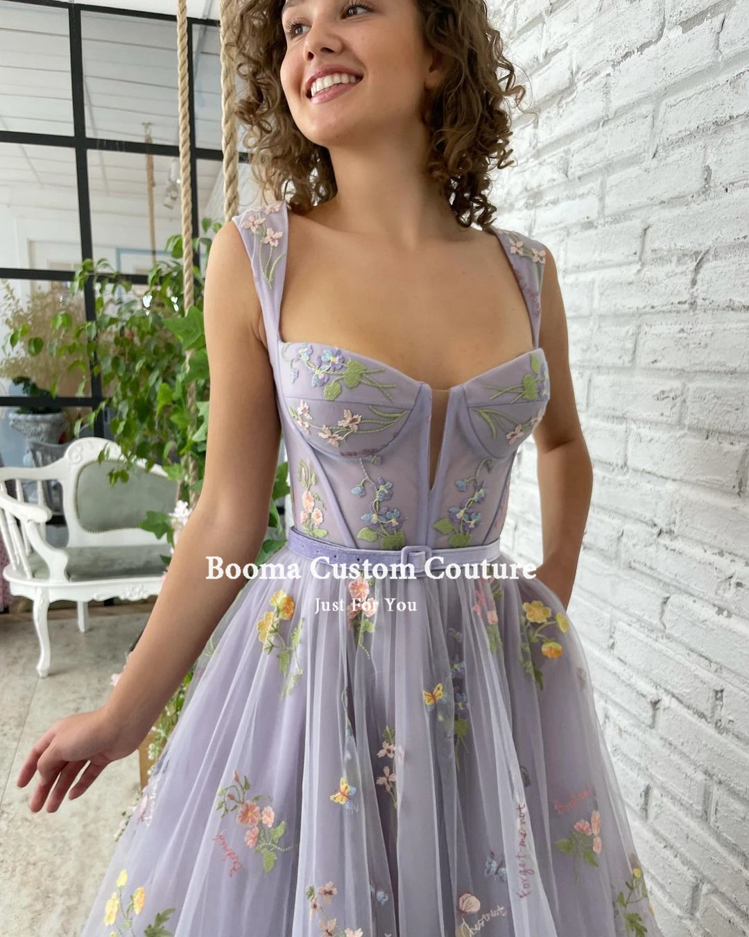 Booma Lavendel Borduren Lace Midi Prom Jurken Sweetheart Tea-Lengte Tulle Wedding Party Jurken 2023 A-lijn Formele Gowns