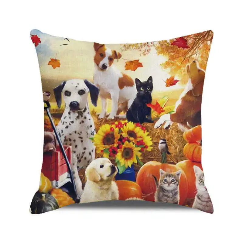 Happy Thanksgiving Cute Pet Autumn Harvest Festival Throw Pillow Case Inen Sofa Seat Cushion Cover Party Home Decor Pillowcase