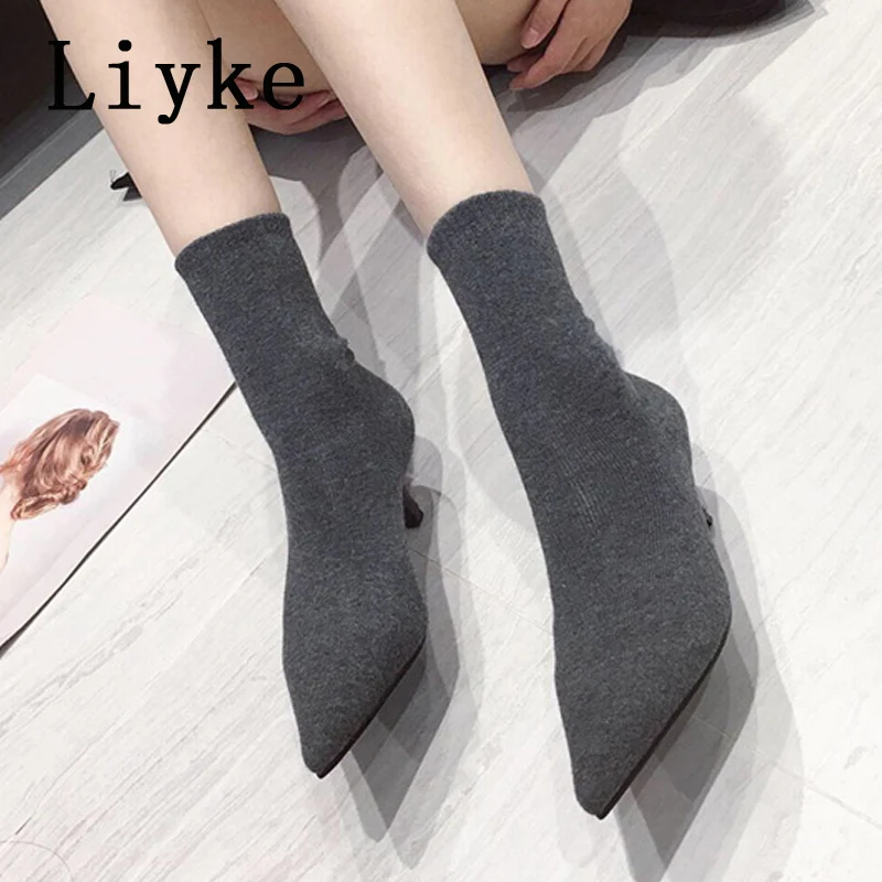 Liyke Spring Autumn Casual Cozy Black Stretch Fabric Ankle Sock Boots Women Pointed Toe Low Thin Heels Slip On Shoes