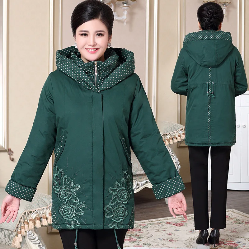 Women's Winter Flower Coats Embroidery Jackets Middle-aged And The Elderly Padded Warm Casual Large Size Clothing