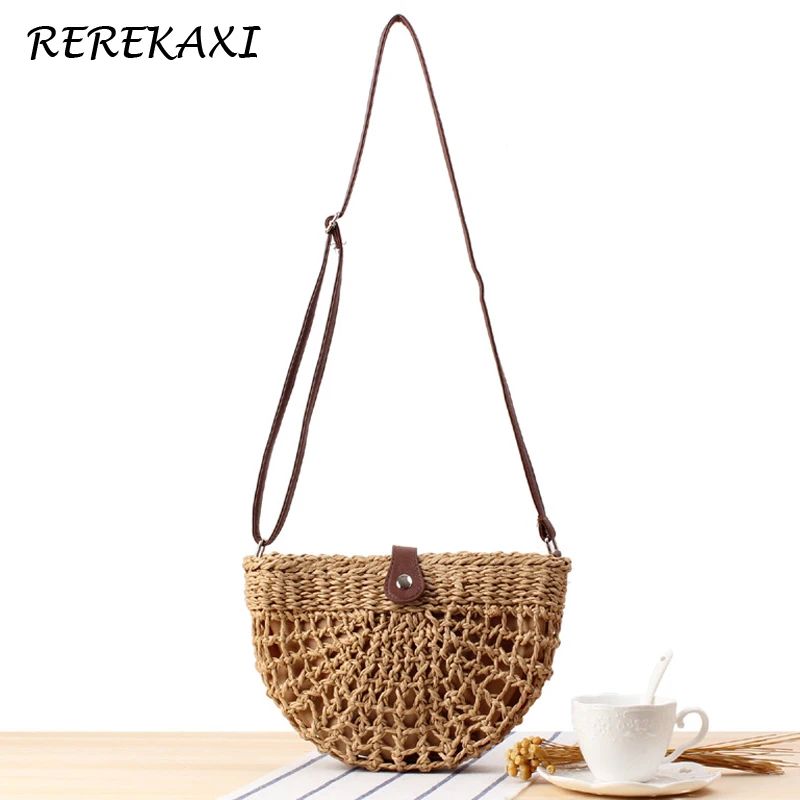 REREKAXI Semicircle Women Shoulder Bag Summer Woven Hollow Beach Bags Bohemian Handmade Straw Bag Female Messenger Bags Handbag