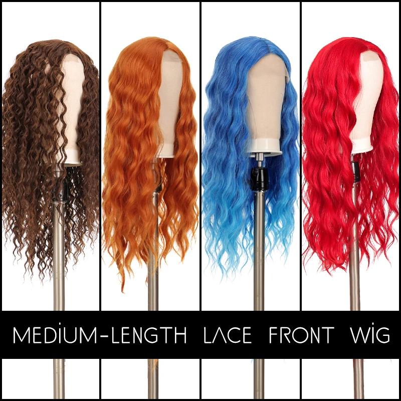 

Lace Wig Synthetic Front Lace Wigs Deep Wave Hand-tied Red Brown Blue Orange Wigs for Women Long Wavy Curly Daily Wear MUMUPI