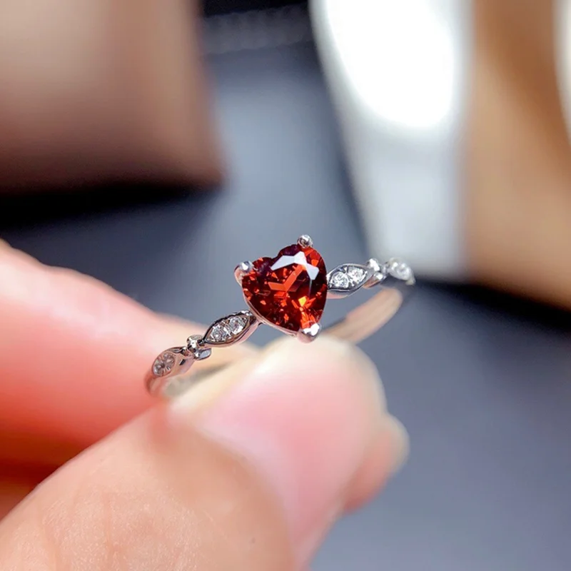 Genuine Garnet Samll Ring 5MM Heart-Sharped Wine Red Gemstone Jewelry for Girl Wedding Engagement Gift Real 925 Sterling Silver