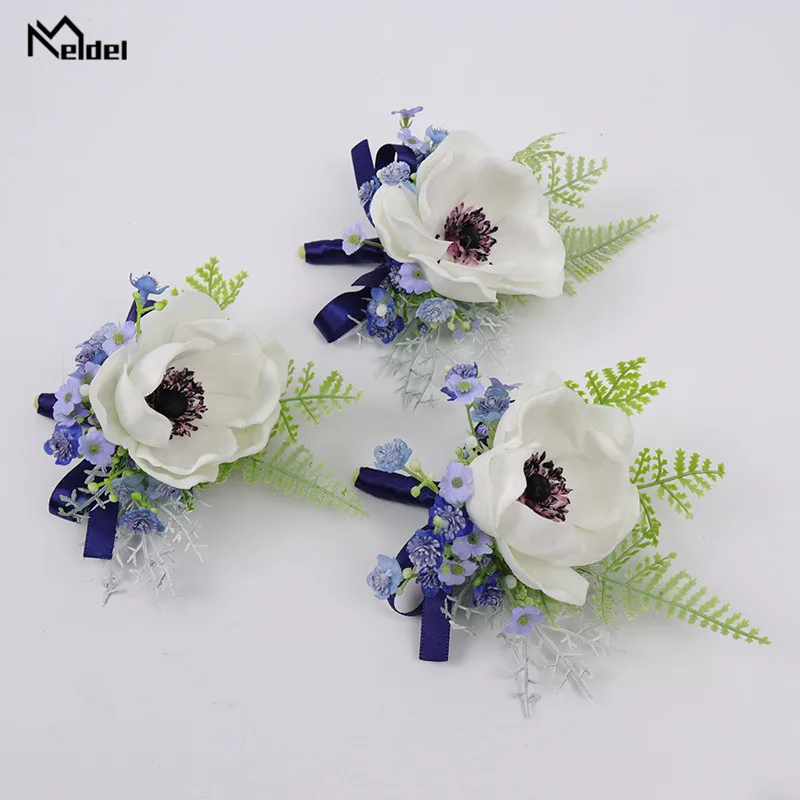 Biru Putih Pergelangan Tangan Gelang untuk Pengiring Pengantin Groom Boutonniere Pin Manset Gelang Sutra Pernikahan Saksi Adik Bros Korsase Bunga