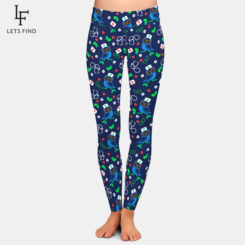 LETSFIND Legging Elastis Pinggang Tinggi Fashion Wanita Push Up Legging Lembut Olahraga Motif DOKTER Burung Hantu Biru