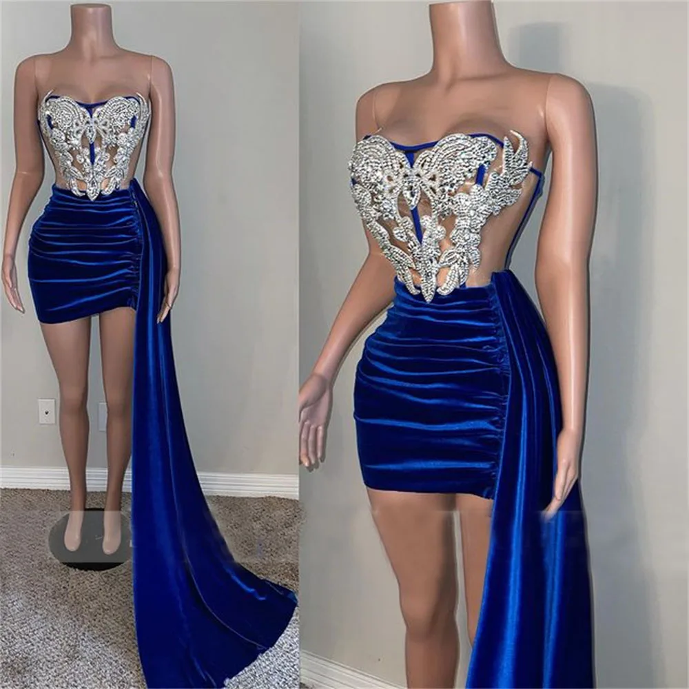 Suknie balowe dla kobiet Party Sexy Royal Blue bez ramiączek krótka syrenka zroszony Mini koktajl Robe De Soiree