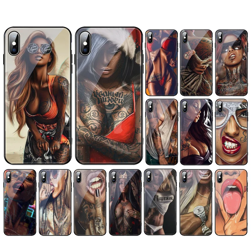 Sexy Sleeve Tattoo Girl Tempered Glass Phone Case For iphone 15 14 13 12 11 Pro Max Case For iPhone 12mini 12 11 ProMax 14 Plus