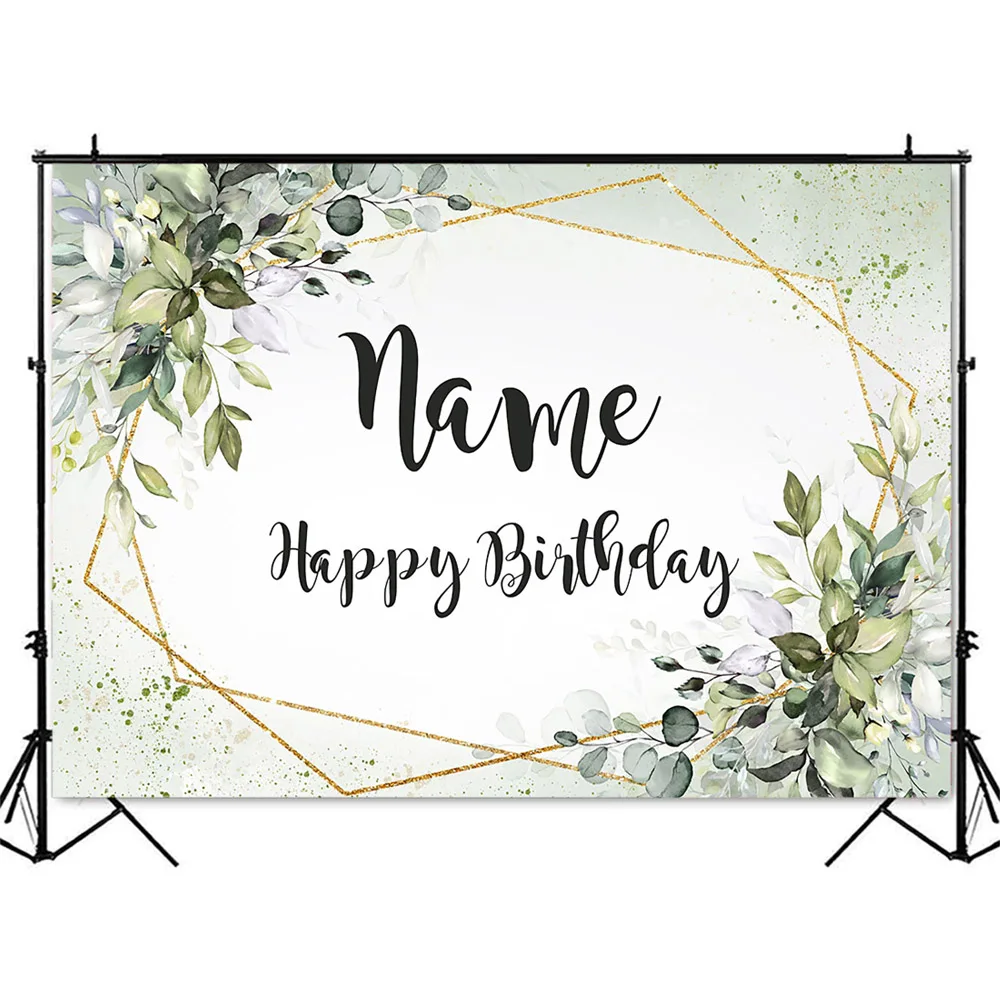 Customize Name Birthday Backdrop Green Leaves Happy Birthday Party Decoration Gold Glitter Dot DIY Personalize Baby Shower Decor