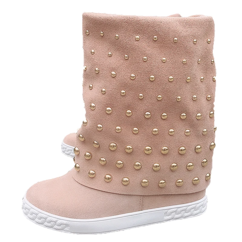 Apricot Cow Suede Leather Gold Beads  Rivets Studs Mid Boots Height Increasing Round buttons Round Toe Boots Woman Shoe