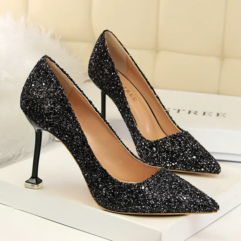 

Women High Heels Shoes Sequined Cloth Gradient Pumps Sexy Woman Super High Pointed Toe Shoes