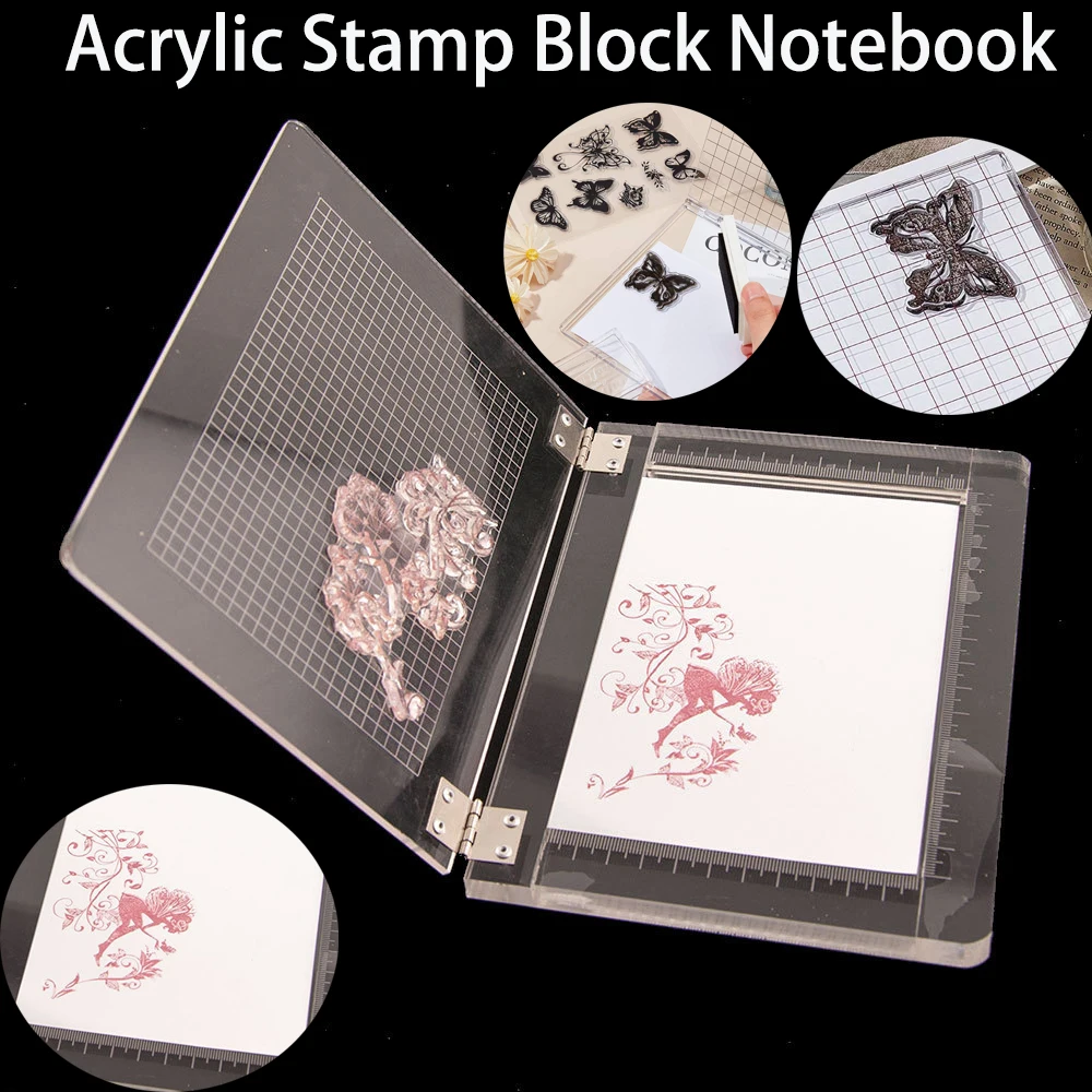 Acrylic Stamp Block Notebook Type Clear Stamping Tools Set with Grid Lines for Scrapbooking Crafts Card Making, Positioning Tool