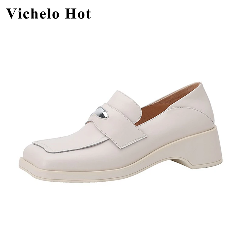 

Vichelo Hot spring design shoes artsy style cow split leather strange toe metal wedges med heels Internet star women pumps l10