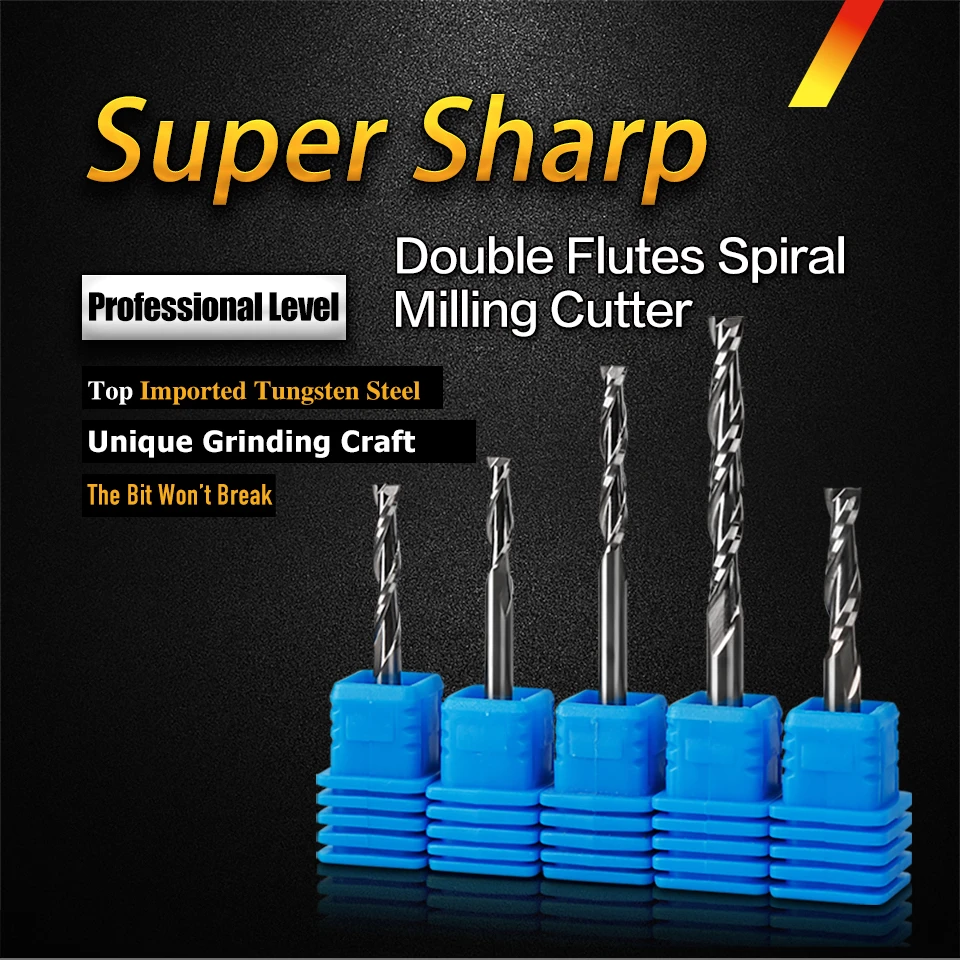 Double Cutting Edges Spiral Router Tool Bit Milling Cutter Imported Material for ACP Acrylic Wood MDF 3.175mm to 6mm SHK