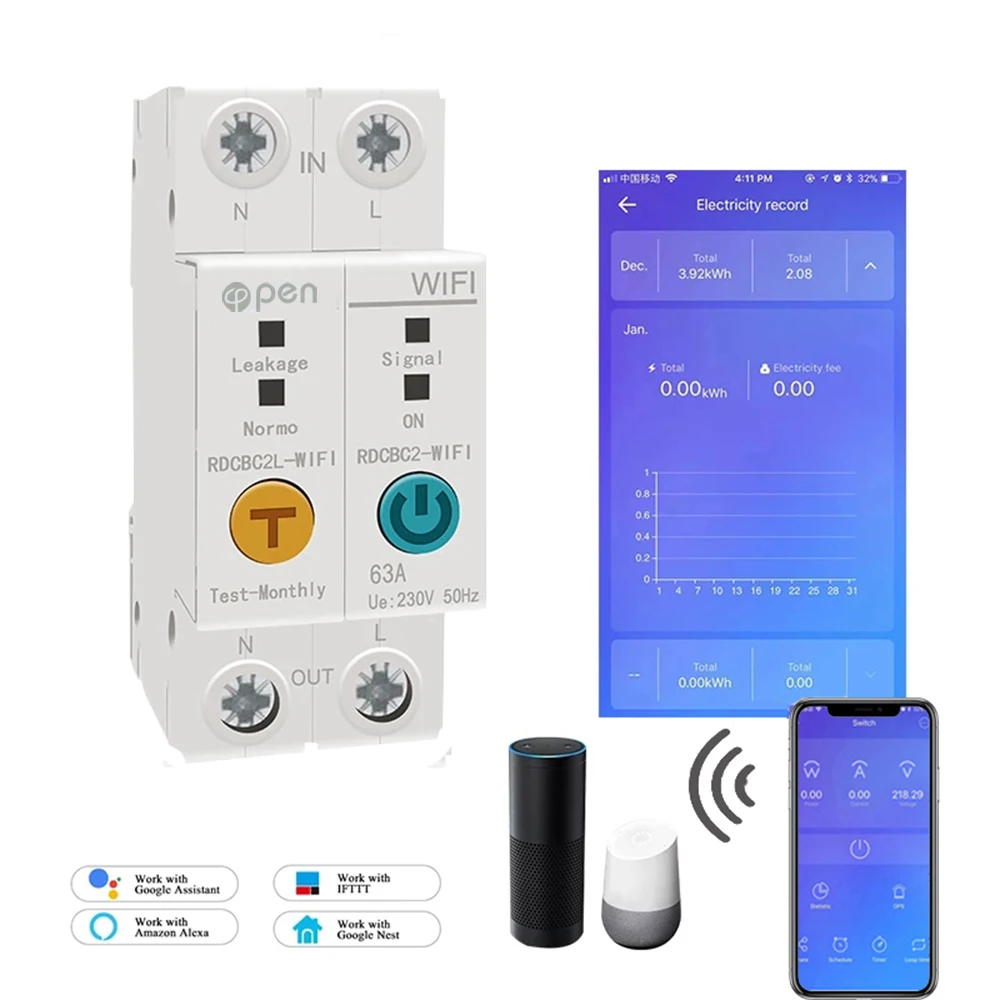 2P 63A eWelink  Din rail WIFI Smart Energy Meter Power Consumption kWh Meter wattmeter switch